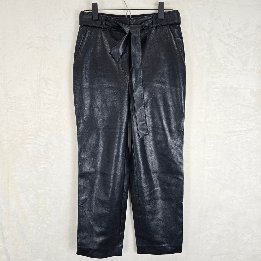 Aritzia Babaton Tie Front Vegan Leather Pants Black High Waisted Straight Leg 4 - Picture 3 of 12